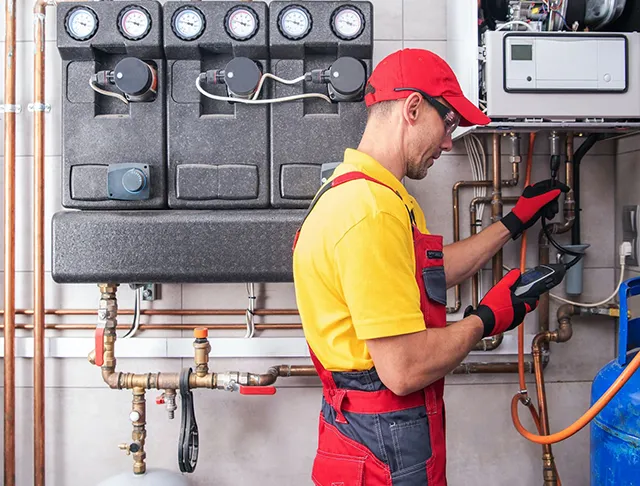 Technician inspecting a residential heating system with gauges and pipes, wearing red uniform.