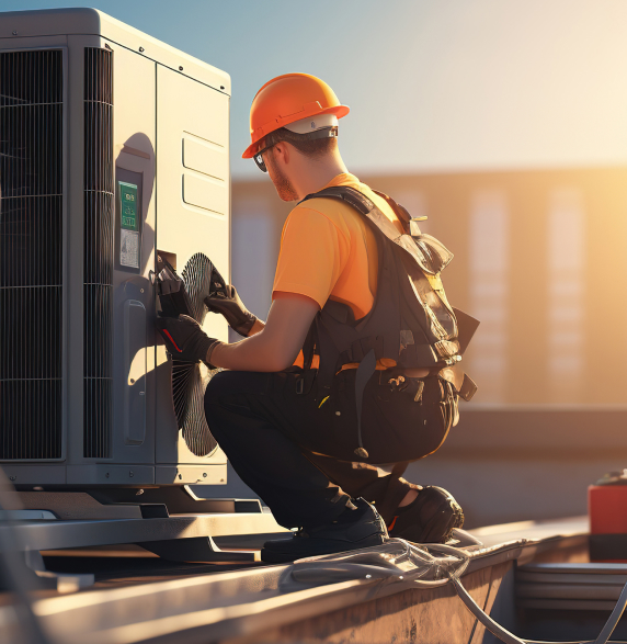 HVAC contractor inspecting an air conditioning unit on a rooftop.